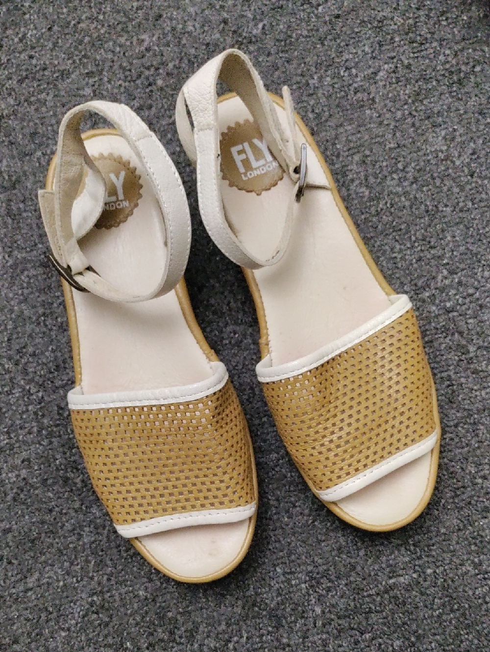 Fly London Tan/White Perforated Ankle-Strap Sandals